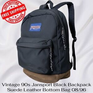 Vintage 90s Jansport Black Backpack Suede Leather Bottom Bag 08/96 FREE SHIPPING